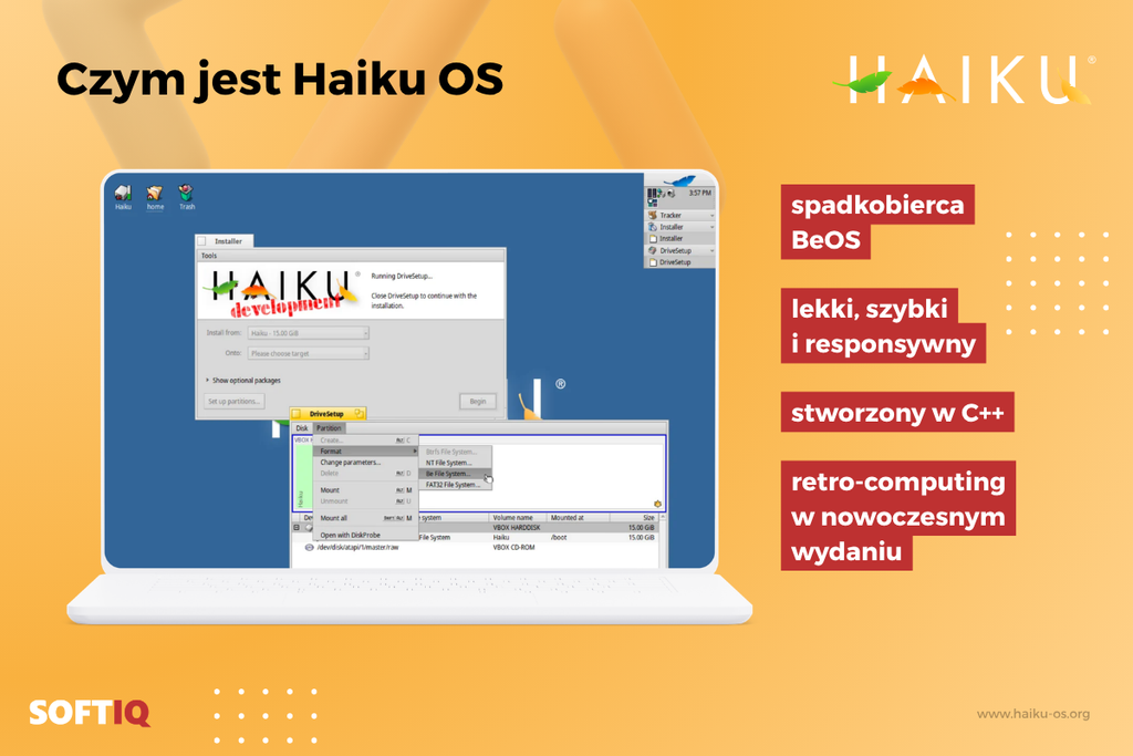 Infografika Haiku OS: spadkobierca BeOS, lekki i responsywny system operacyjny stworzony w C++, na tle instalatora Haiku
