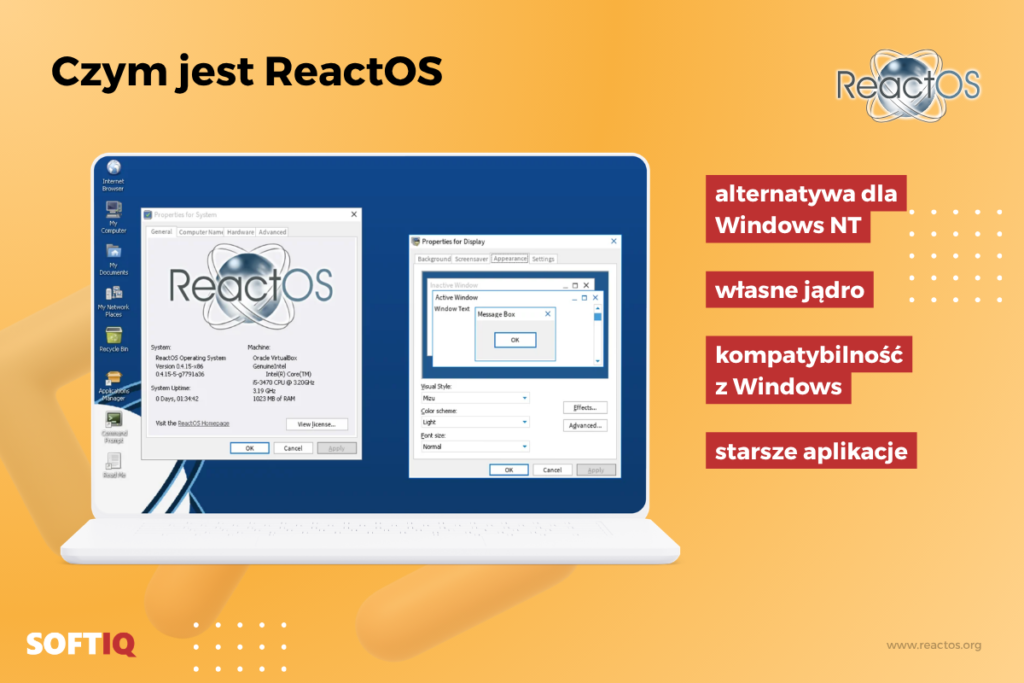 Infografika ReactOS: otwarty system operacyjny kompatybilny z Windows NT, z własnym jądrem i wsparciem dla starszych aplikacji