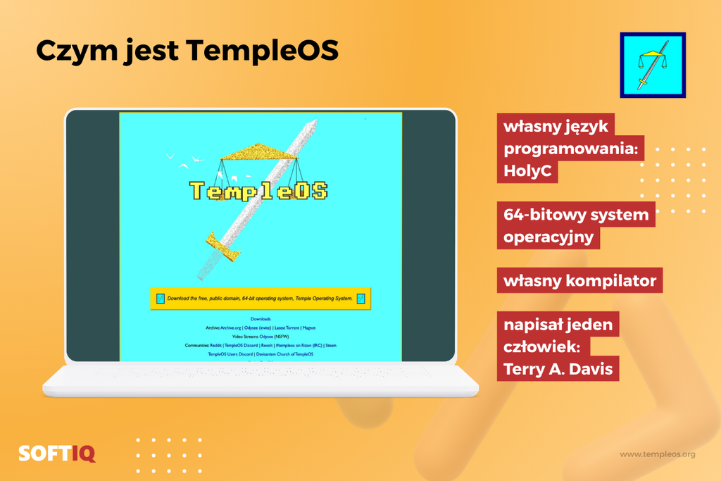Infografika TempleOS: autorski 64-bitowy system operacyjny Terry'ego A. Davisa z własnym językiem programowania HolyC