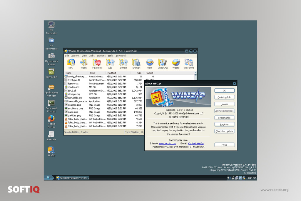 Pulpit systemu ReactOS z uruchomioną aplikacją WinZip, pokazujący kompatybilność z oprogramowaniem Windows