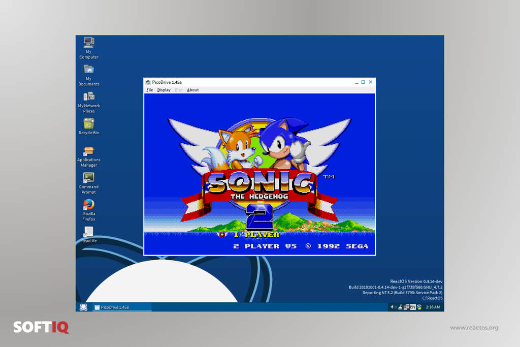 System ReactOS uruchamiający emulator PicoDrive z grą Sonic the Hedgehog 2 z 1992 roku