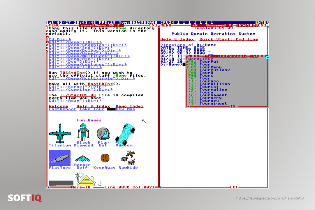Terminalowy interfejs systemu TempleOS z menu demo, listą gier i edytorem kodu w języku HolyC